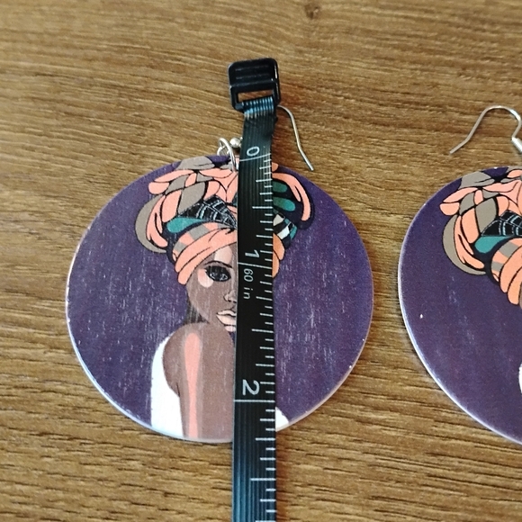 Women's Purple Brown White Orange Round Dangle Earrings Wooden Statemet Jewelry - Picture 2 of 5